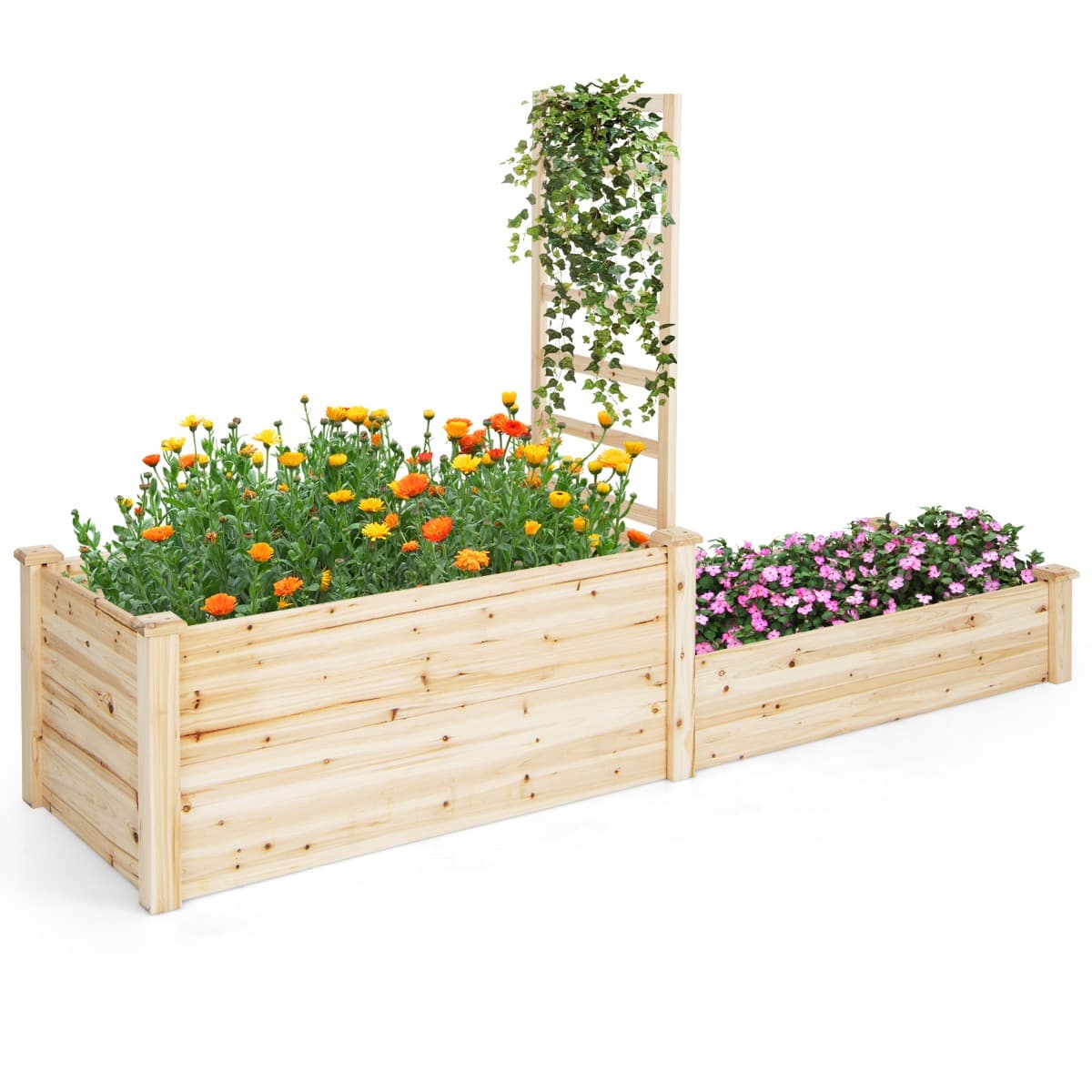 CostwayCarré Potager en Bois de Sapin 223x64x134CM Treillis Base Ouverte Peinture DIY Vignes Grimpantes Fruits Fleurs Légumes Naturel